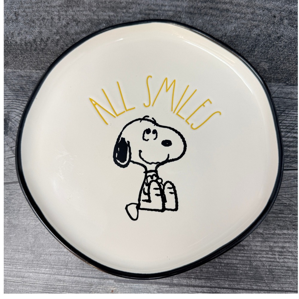 Rae Dunn Plate Peanuts Ceramic White 8" All Smiles Snoopy Black Rim